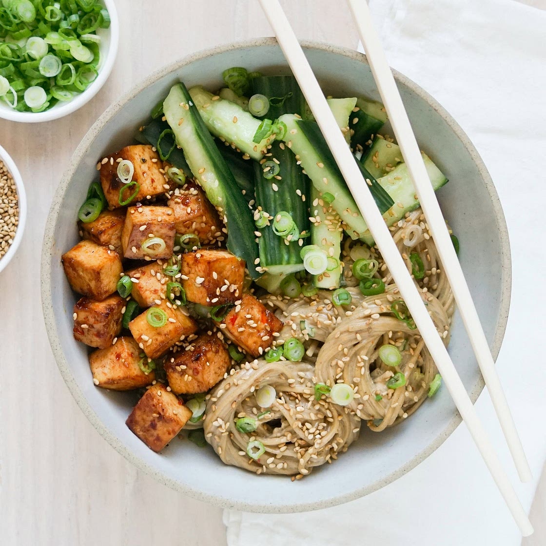 Sesame Soba Noodle Bowl with Spicy Soy-Baked Tofu & Smashed Cucumbers
