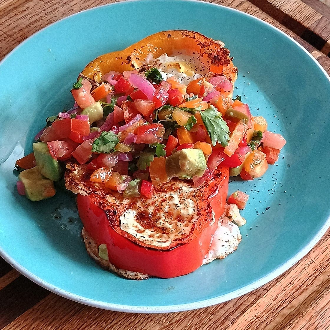 "Egg in a Hole" Peppers with Avocado Salsa