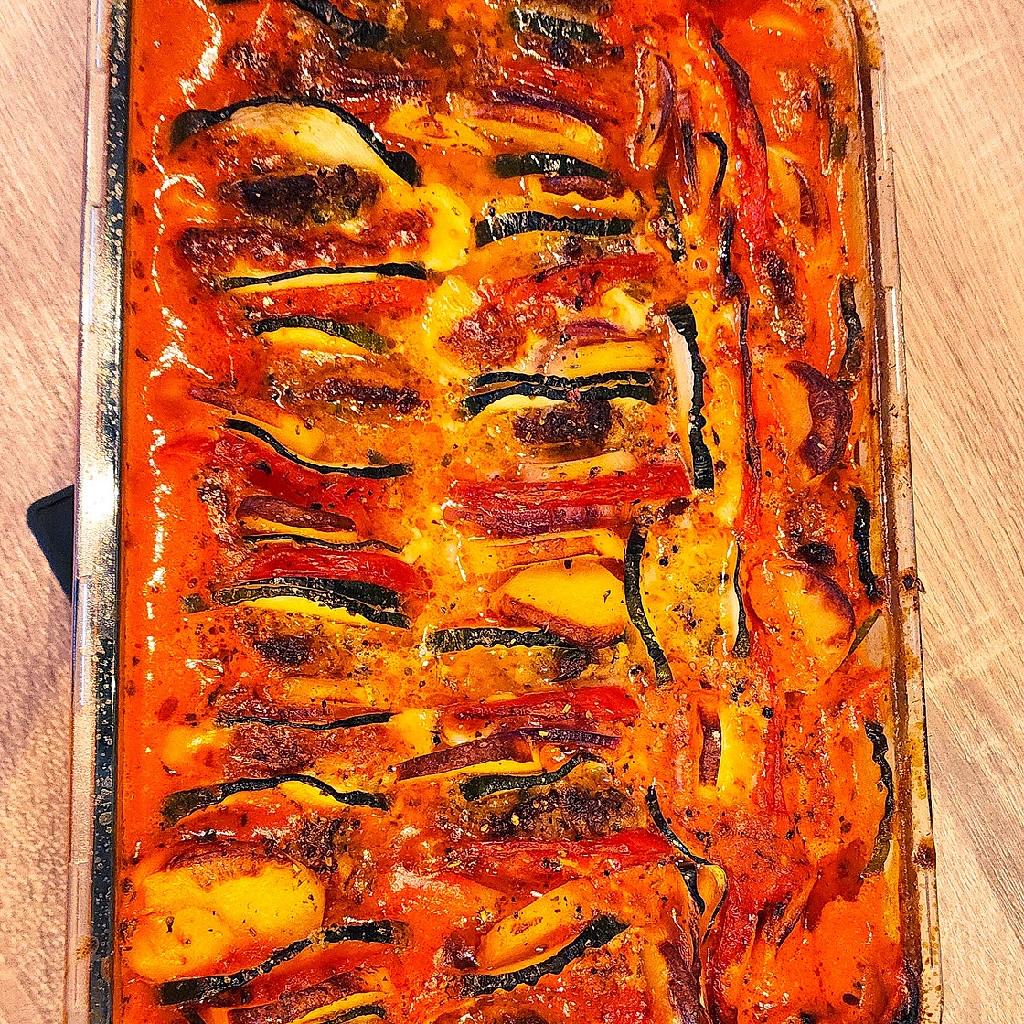 Tian de galettes de hachis, pommes de terre et légumes