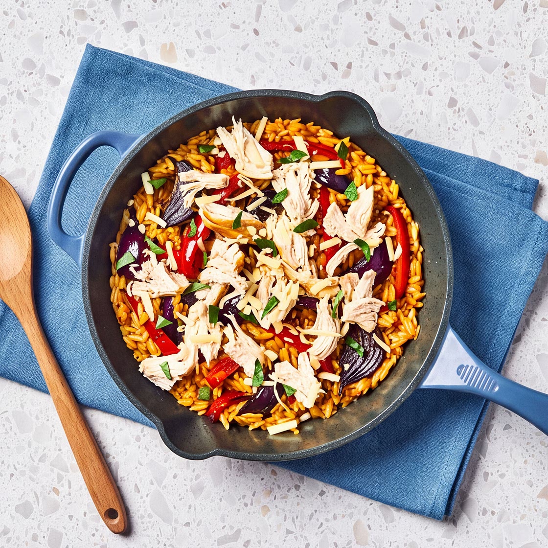 One Pot Pulled Chicken, Red Pepper & Pesto Orzo