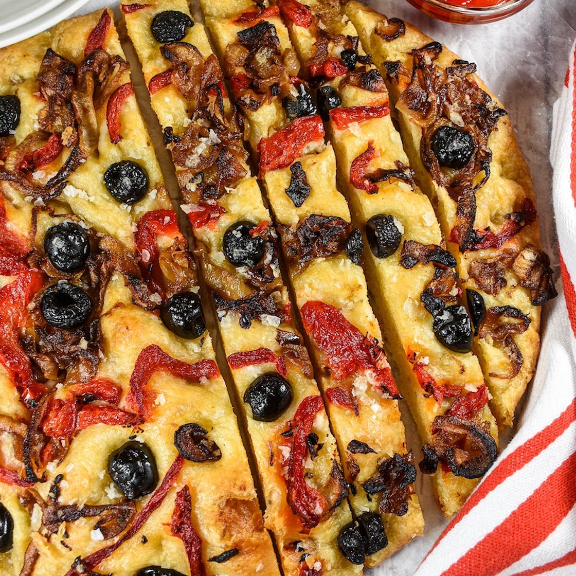 Focaccia with Caramelized Onions and Roasted Red Peppers