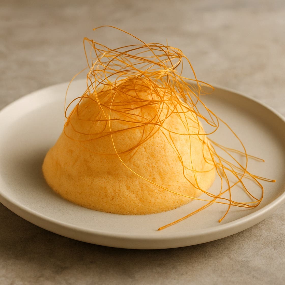 Espuma de naranja con hilos de caramelo