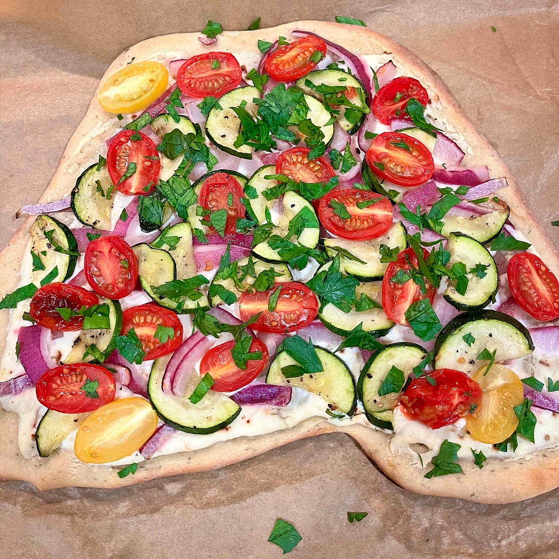 Zucchini & Tomato Flatbreads with Lemon Ricotta, Fresh Herbs, Honey & Chili Flakes