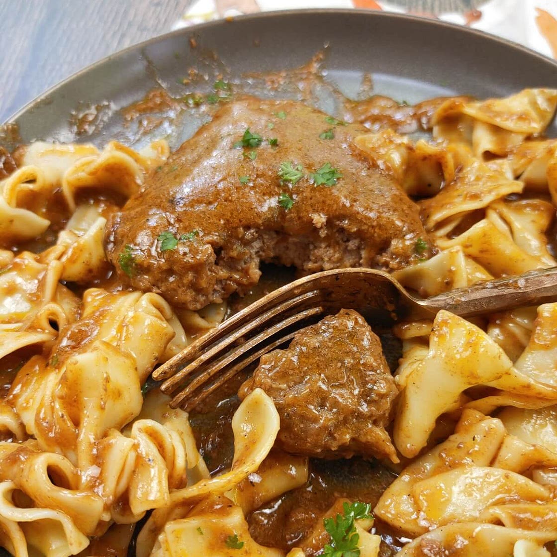 Shortcut Crock Pot Hamburger Steaks & Gravy