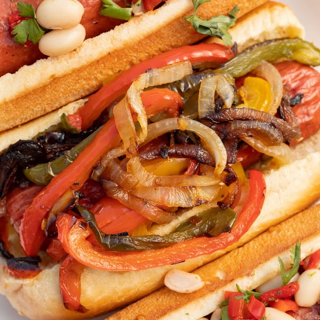 Sautéed Pepper & Onion Vegan Hotdog