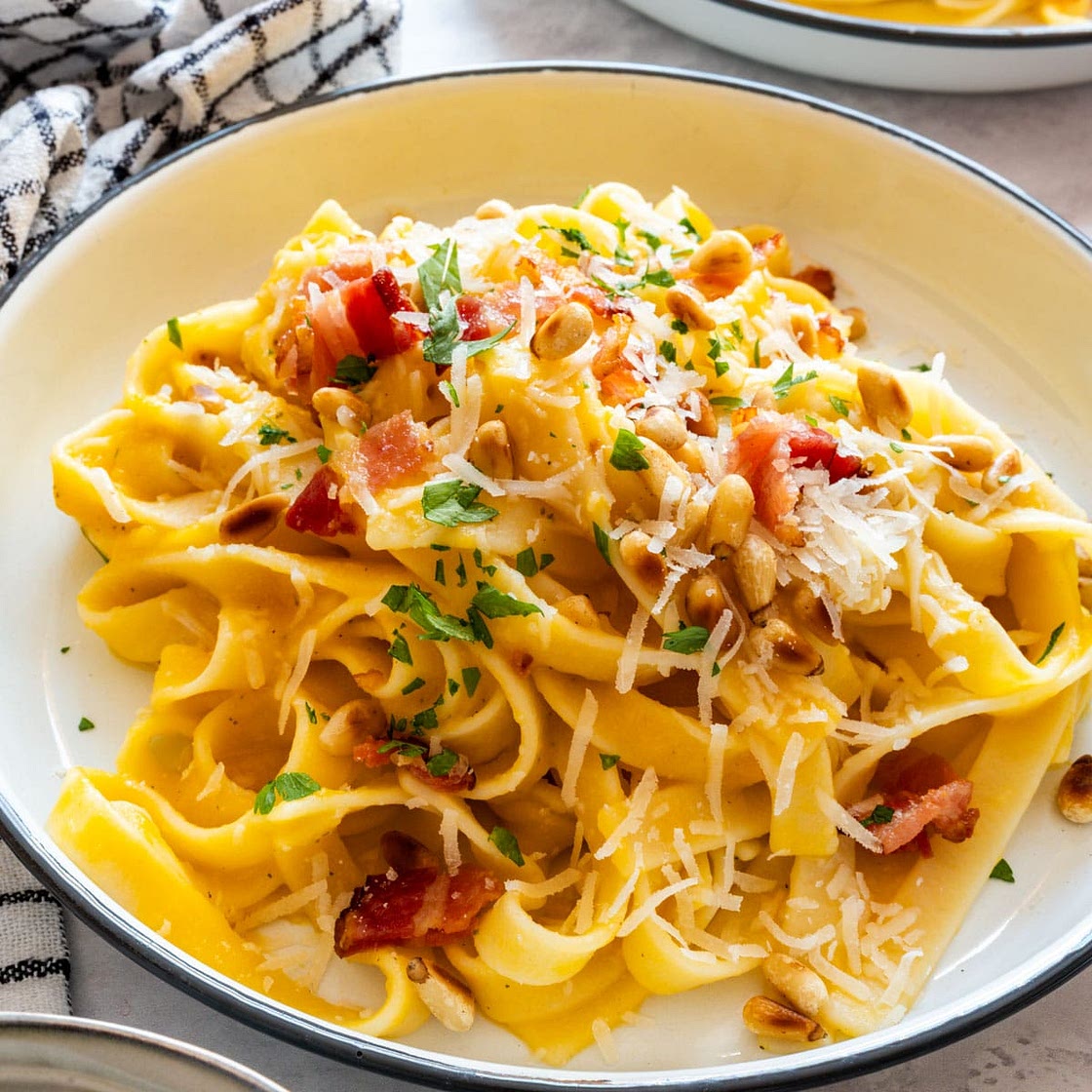 Butternut Squash Pasta with Bacon and Pine Nuts