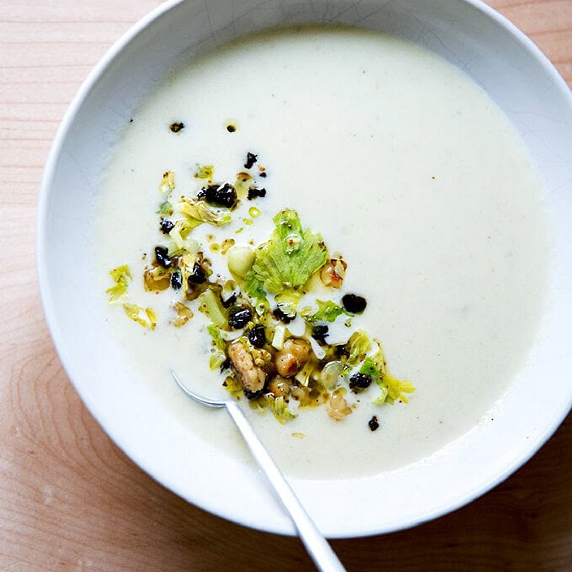 Cream of Celery Soup with Walnut-Currant Salsa
