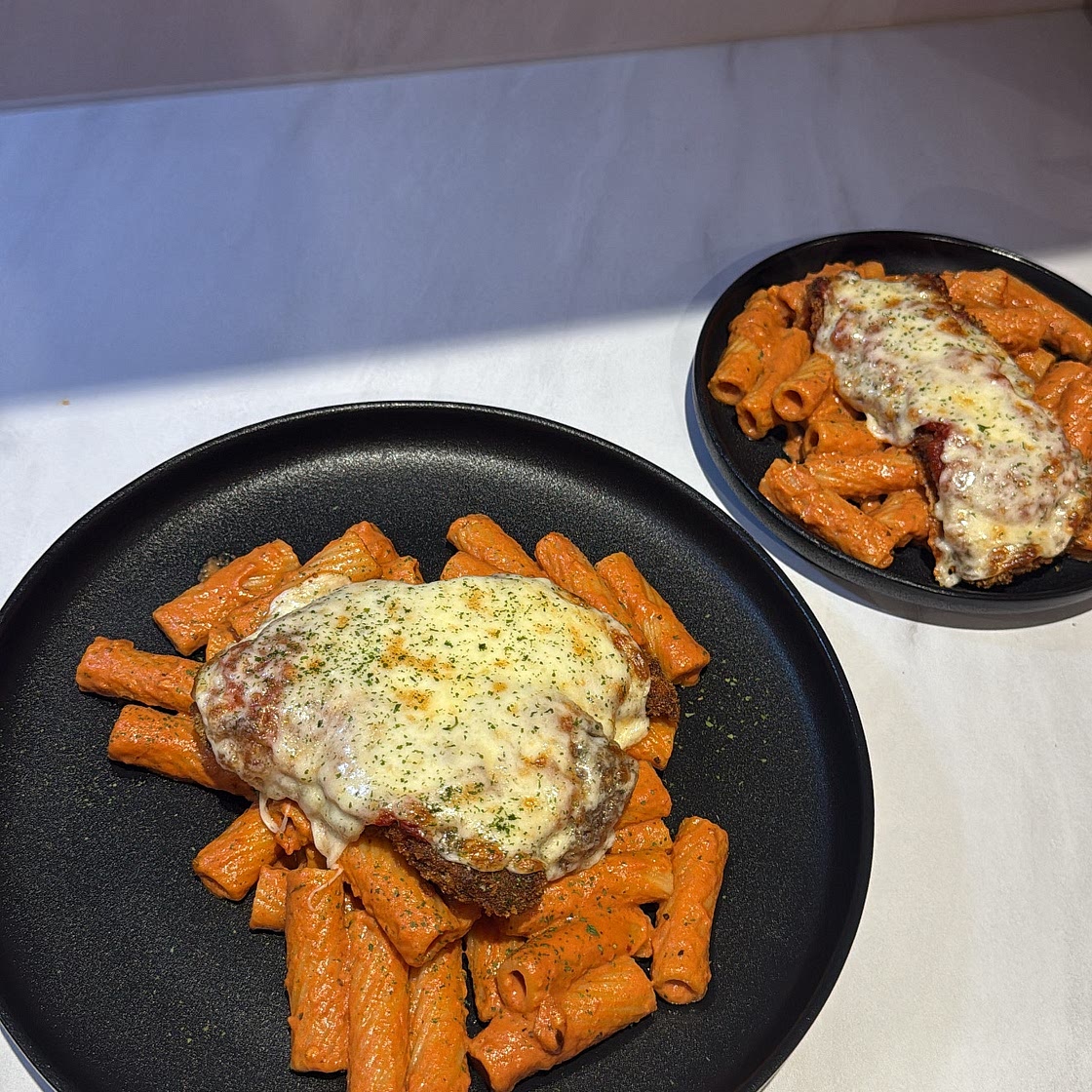 CRISPY CHICKEN PARM WITH CREAMY TOMATO TORTIGLIONI