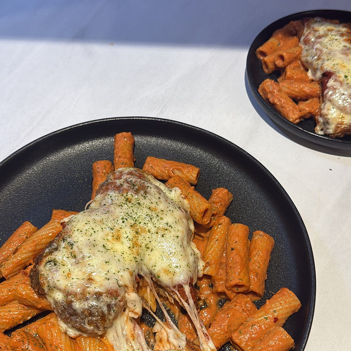 CRISPY CHICKEN PARM WITH CREAMY TOMATO TORTIGLIONI