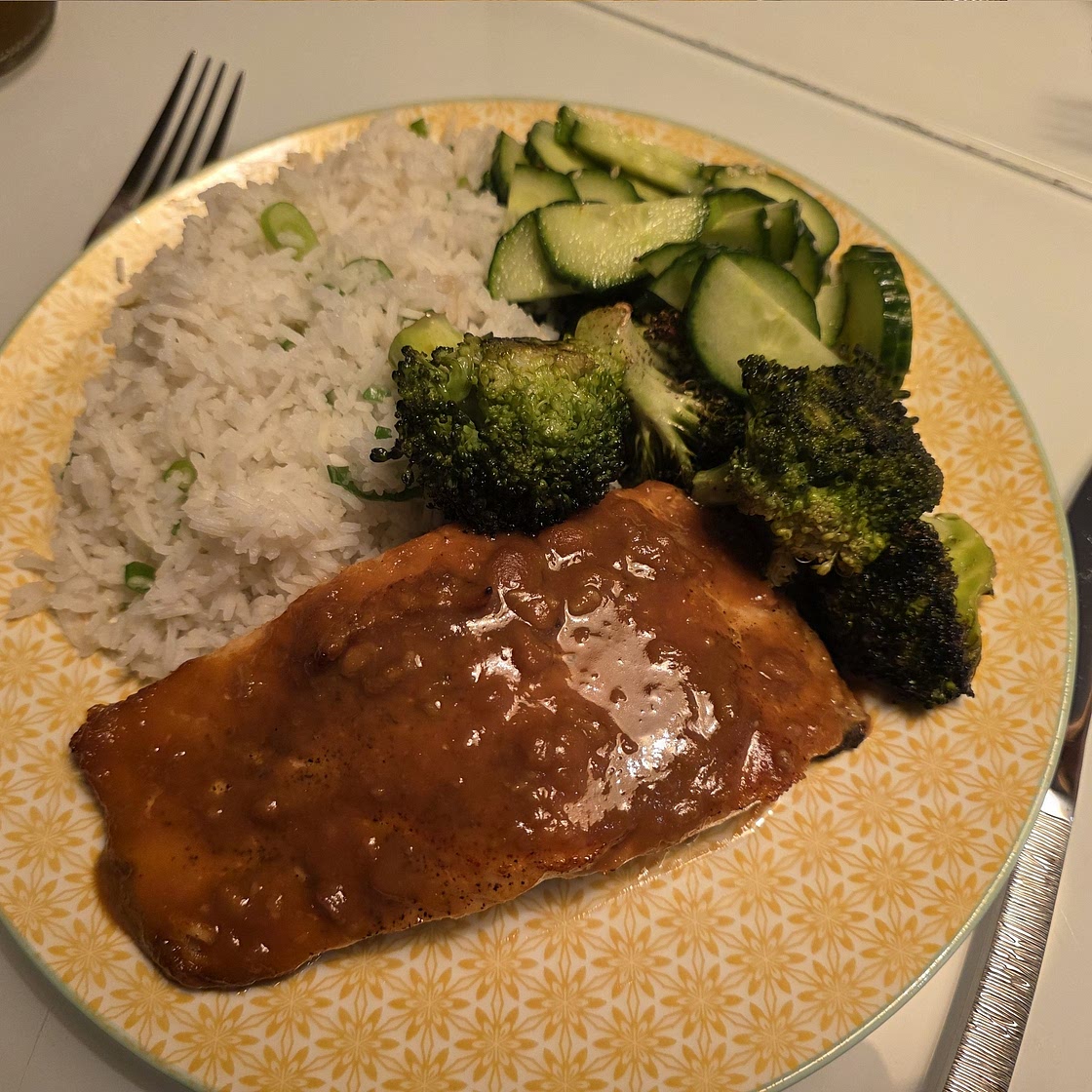 Miso-Maple Salmon with Sesame Rice, Charred Broccoli & Cucumber Salad