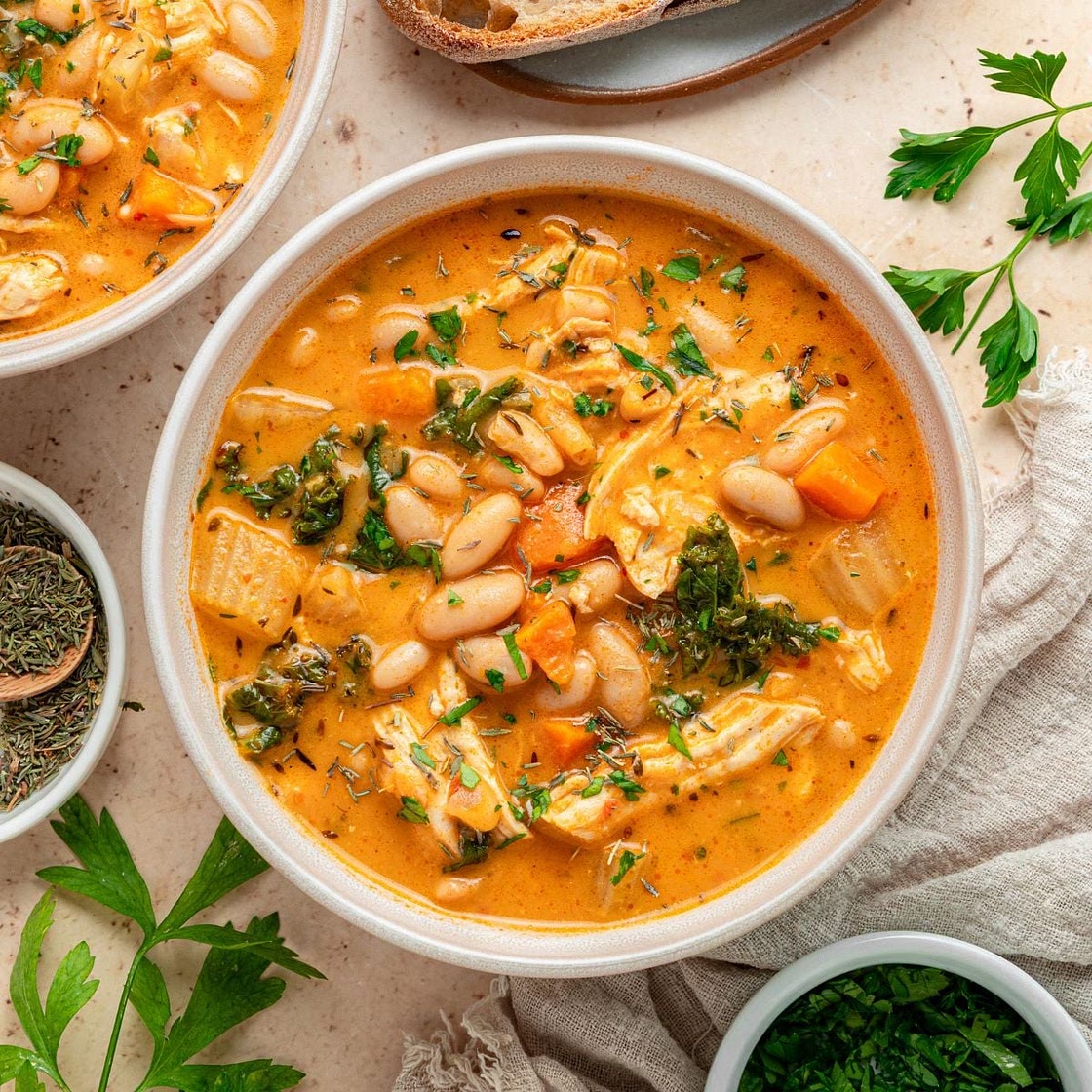 Chicken and White Bean Soup with Braised, Shredded Thighs