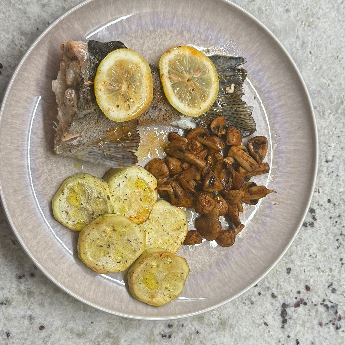 Baked Sevan Trout with Herbs, Mushroom and Zucchini