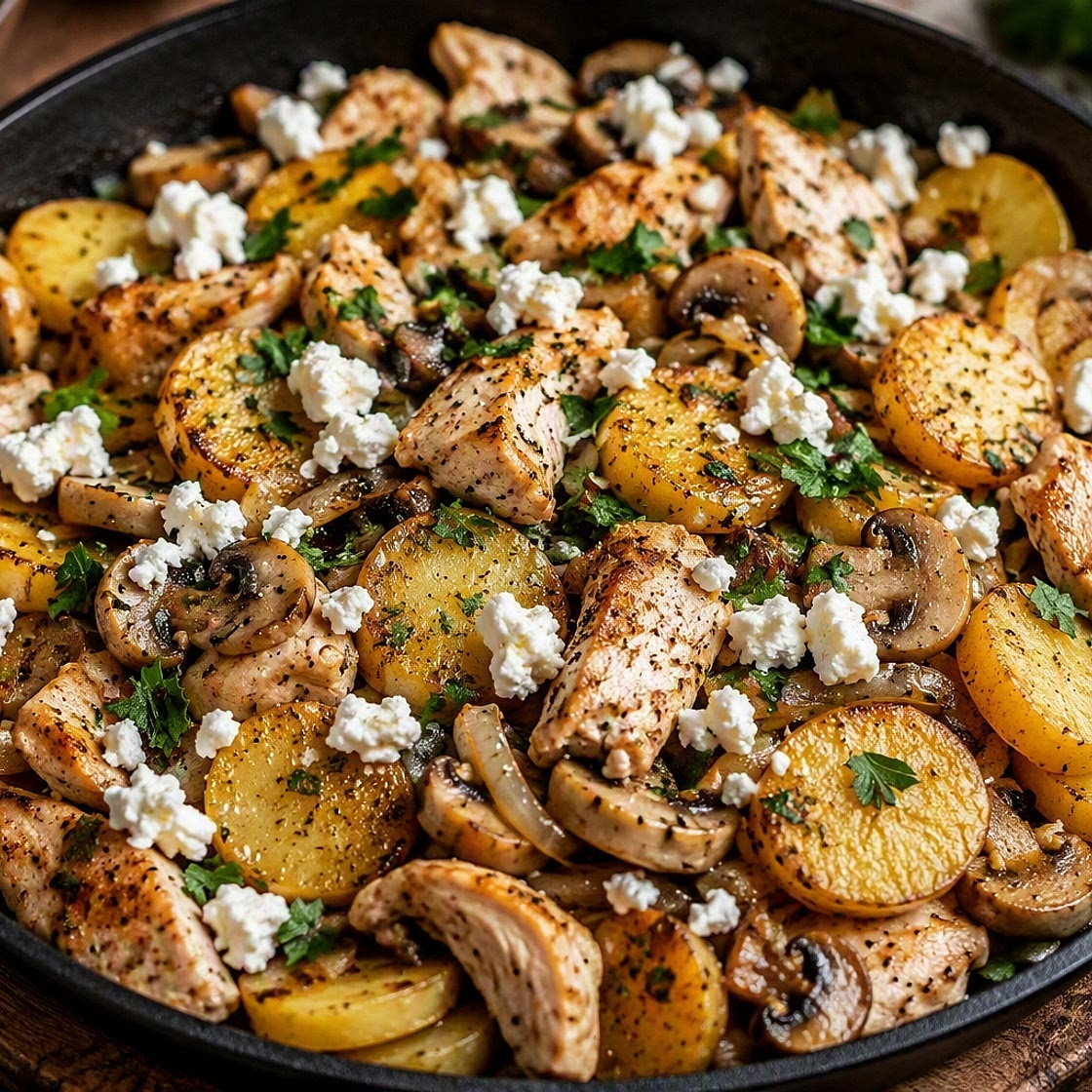 Kartoffel-Pilz-Puten-Pfanne mit Feta