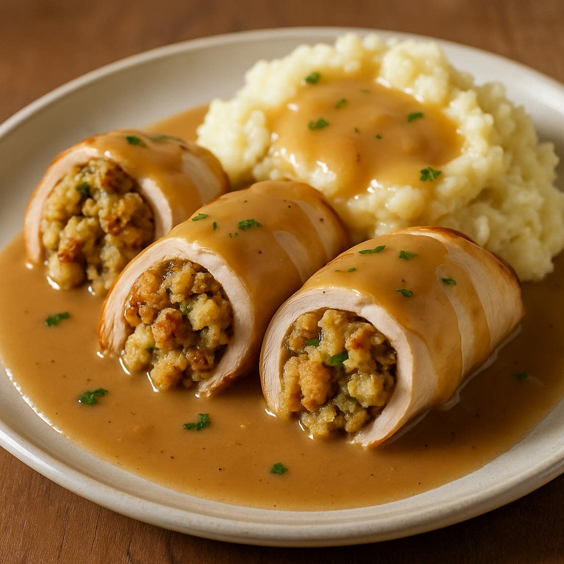 Turkey Stuffing Rolls with Gravy and Potatoes