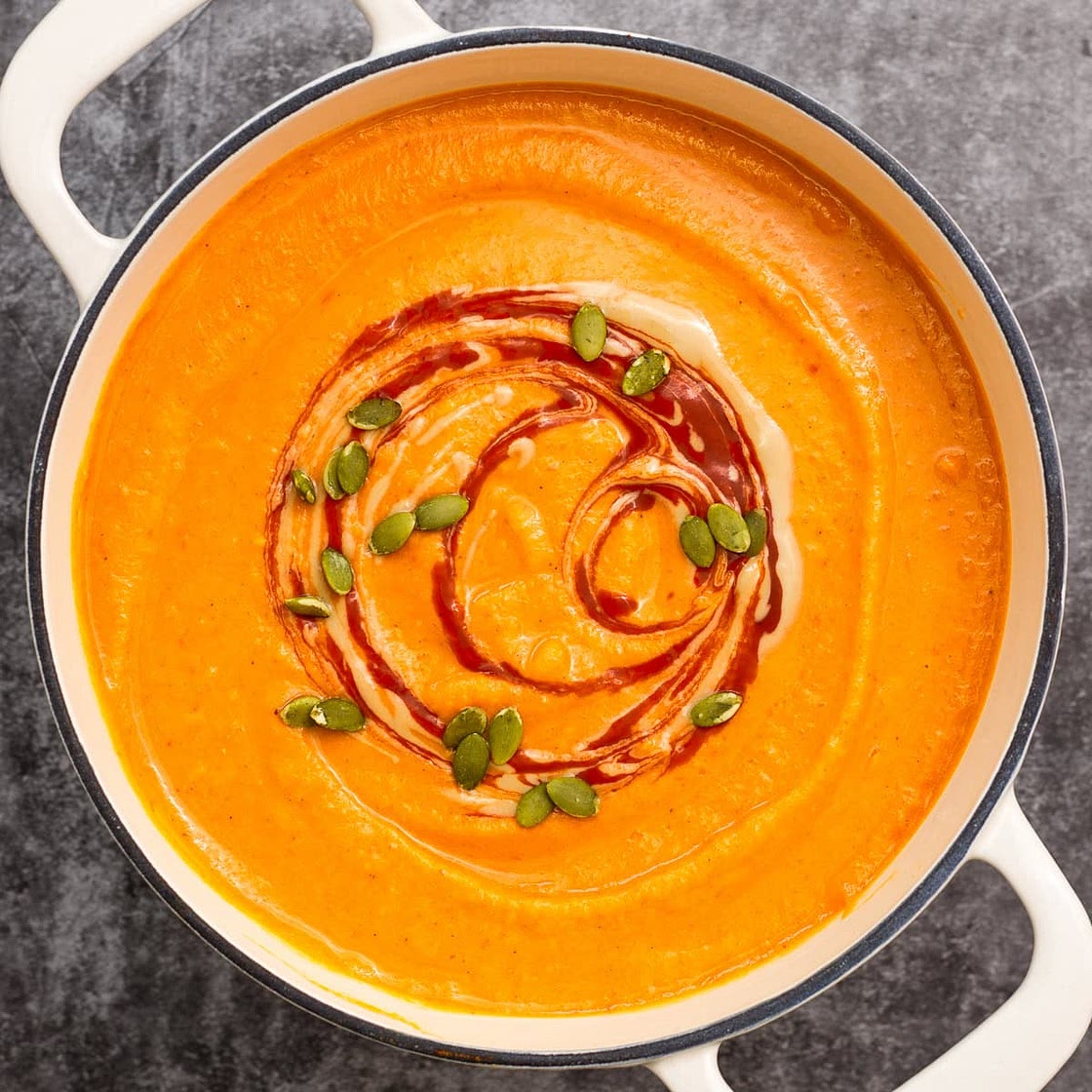 Butternut Squash and Red Pepper Soup with Harissa & Tahini