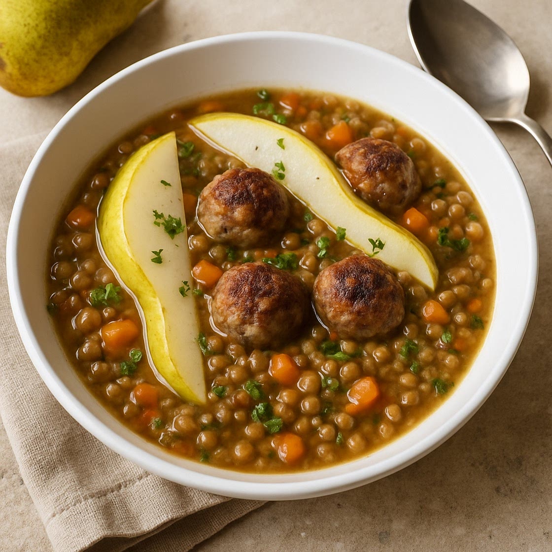 Linsensuppe mit Birnen und Salsiccia-Bällchen