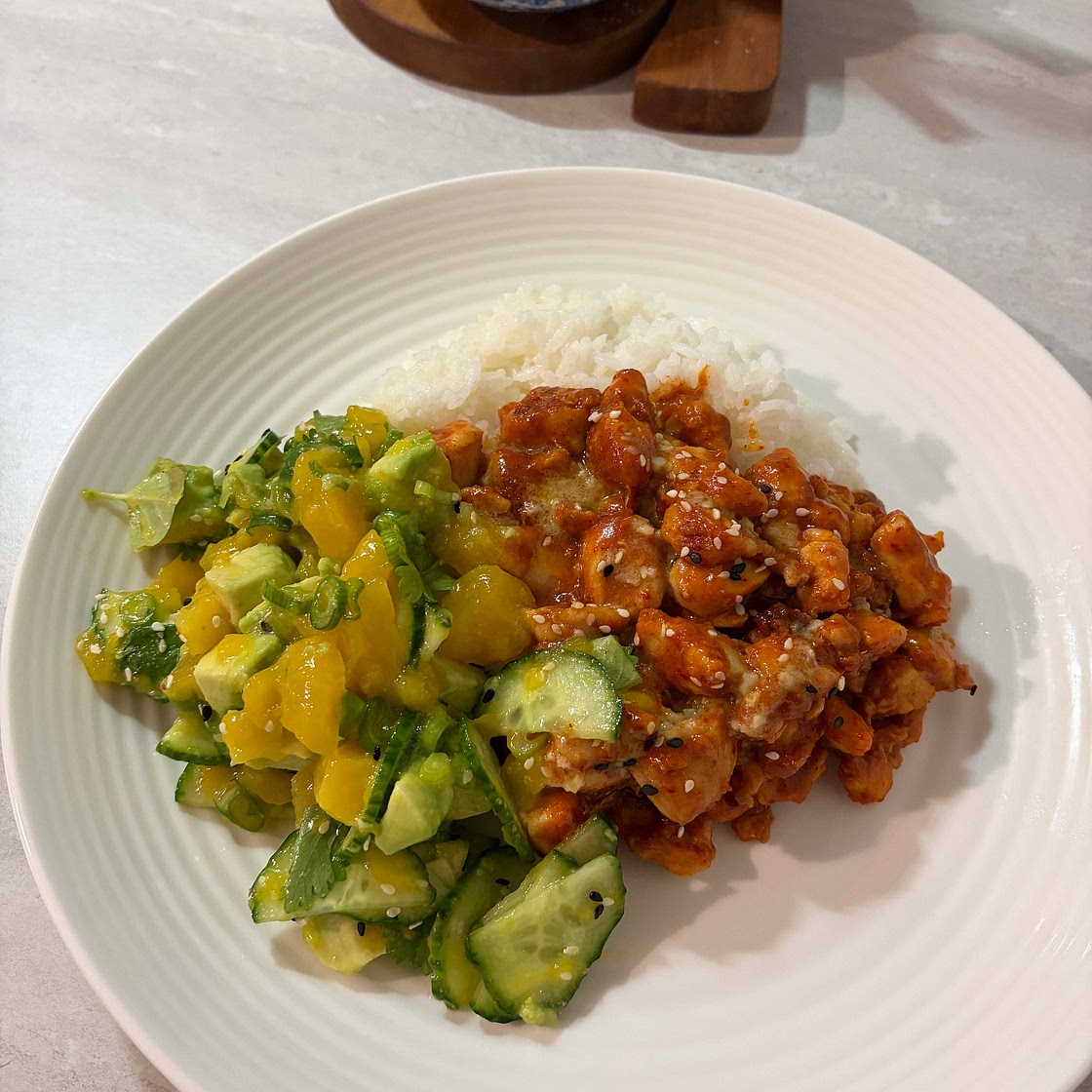 Chili Crisp Chicken Mango Cucumber Rice Bowl