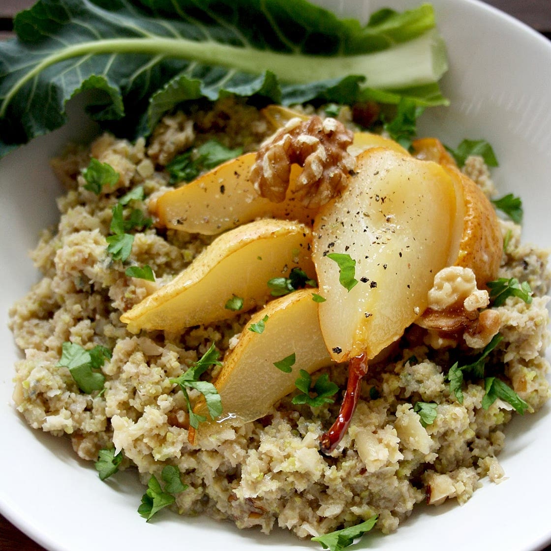 Cauliflower Risotto with Caramelized Pears, Blue Cheese and Walnuts