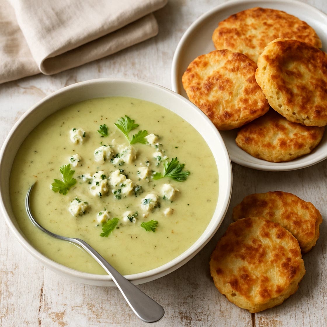 Celery & stilton soup with hot potato scones