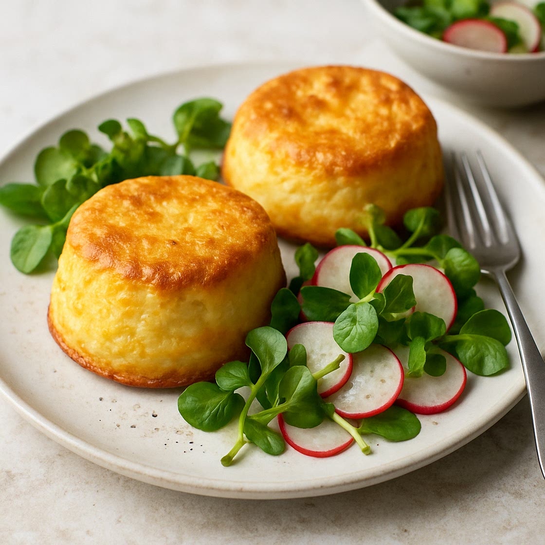 Twice-baked goats’ cheese soufflés with radish & watercress salad