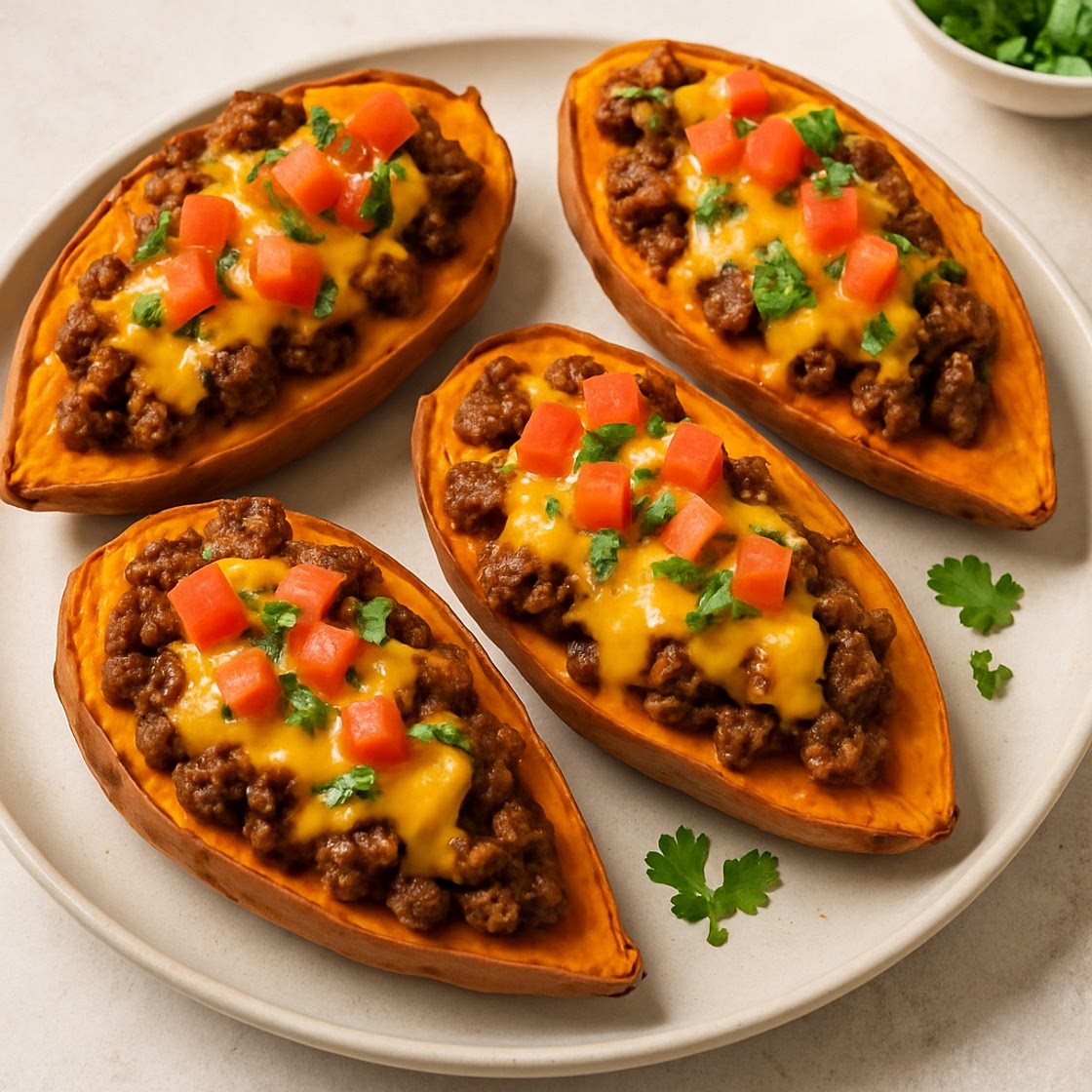 Cheesy Taco Beef Stuffed Sweet Potatoes