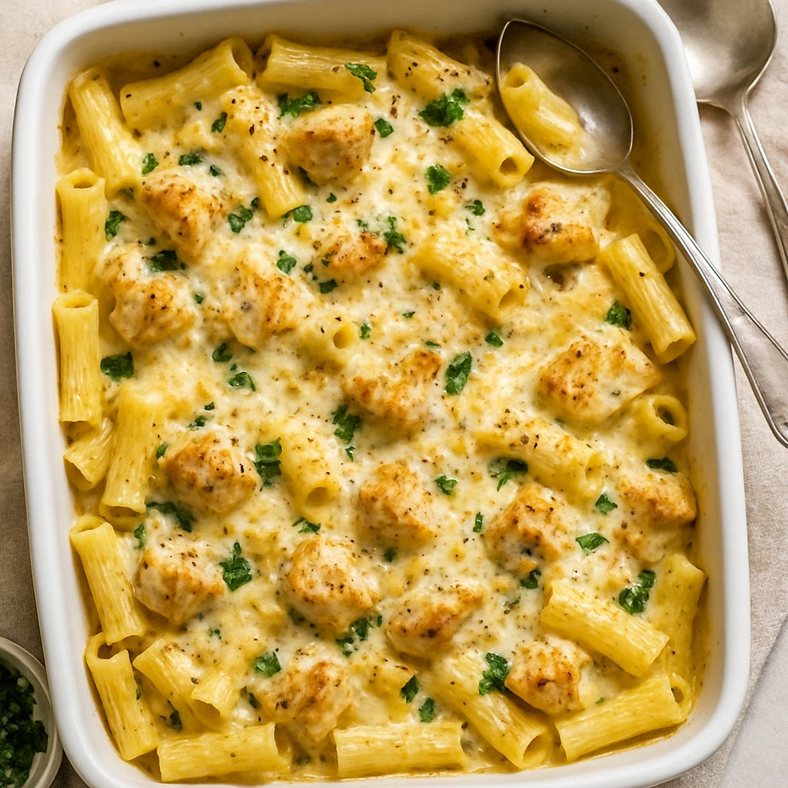 Creamy Garlic Parmesan Chicken Pasta Bake