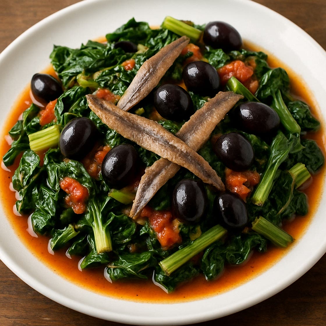 Chard with Anchovies, Olives, and Tomato
