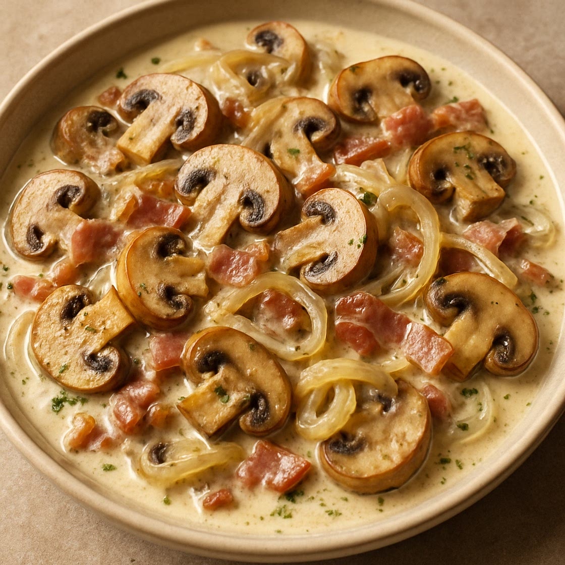 Mushrooms with Onion, Pancetta, and Cream