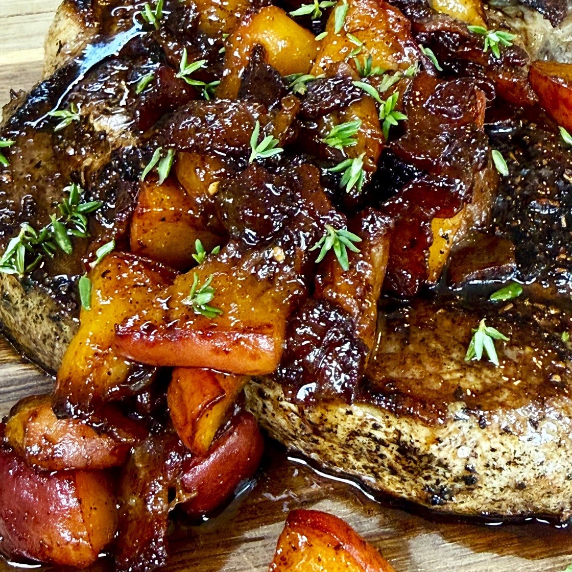 Blackstone Peach Bacon Pork Chops