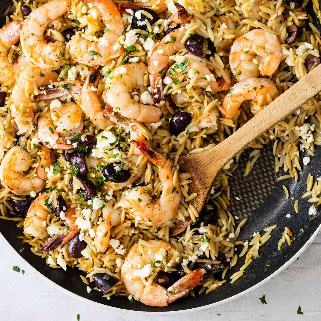Lemony Shrimp with Orzo, Feta, and Olives