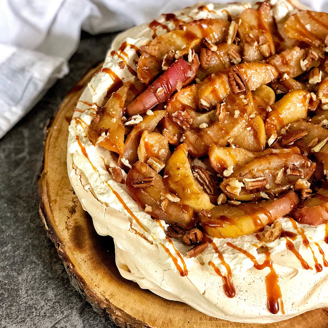 Autumn Pavlova with Apples, Maple Cream, and Salted Caramel