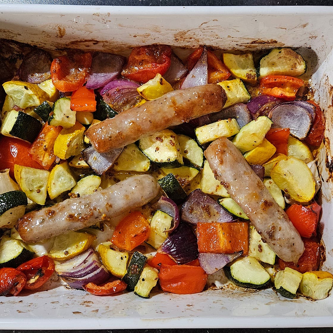 Honey & mustard sausages & veg