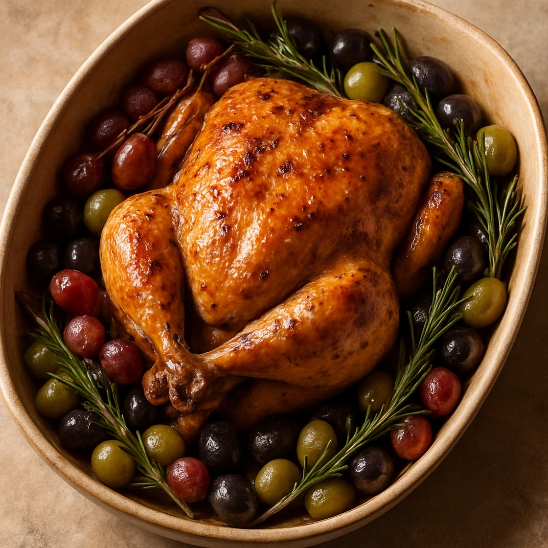 Harvest roast chicken with grapes, olives, and rosemary