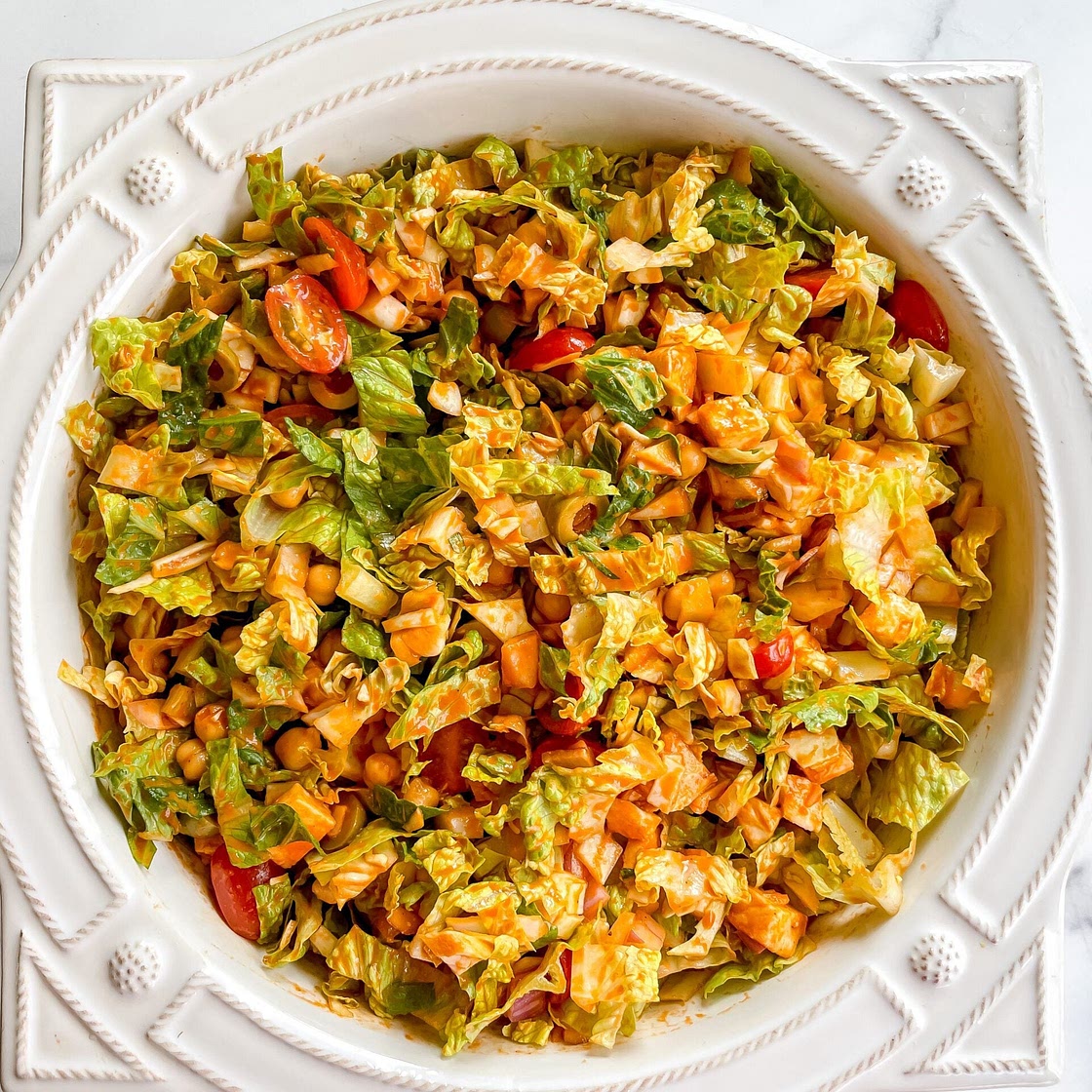 Mediterranean Chopped Salad with Roasted Red Pepper Dressing