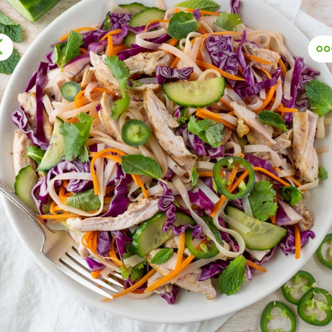 Asian Rice Noodle Salad with Grilled Chicken, Jalapeños & Fresh Herbs