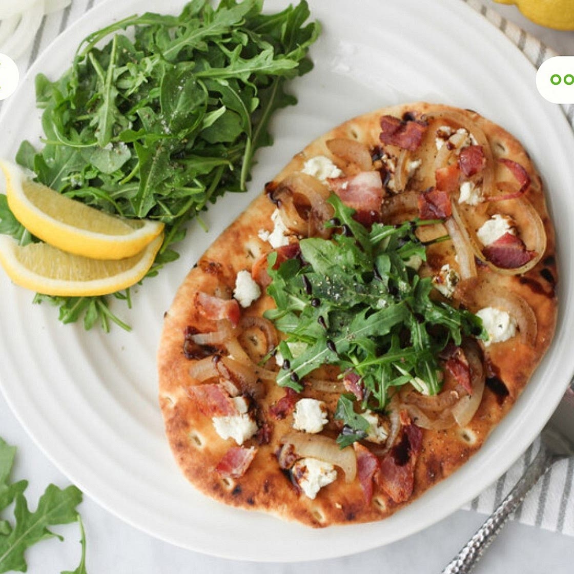 Bacon, Goat Cheese, Onion Pizza with Balsamic Glaze & Arugula Salad