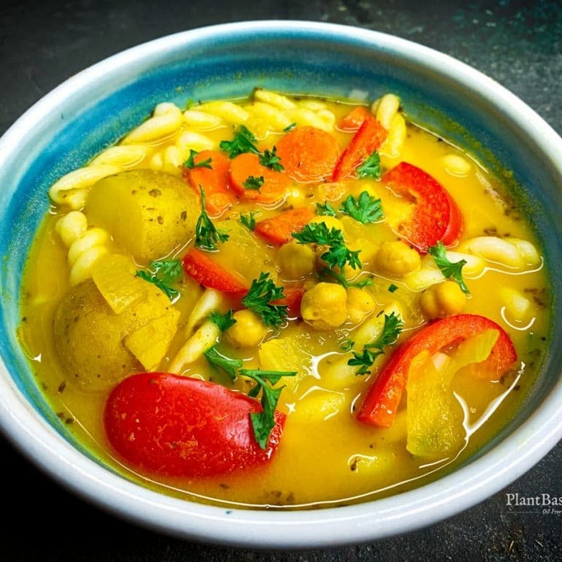 Vegan ginger turmeric chickpea noodle soup