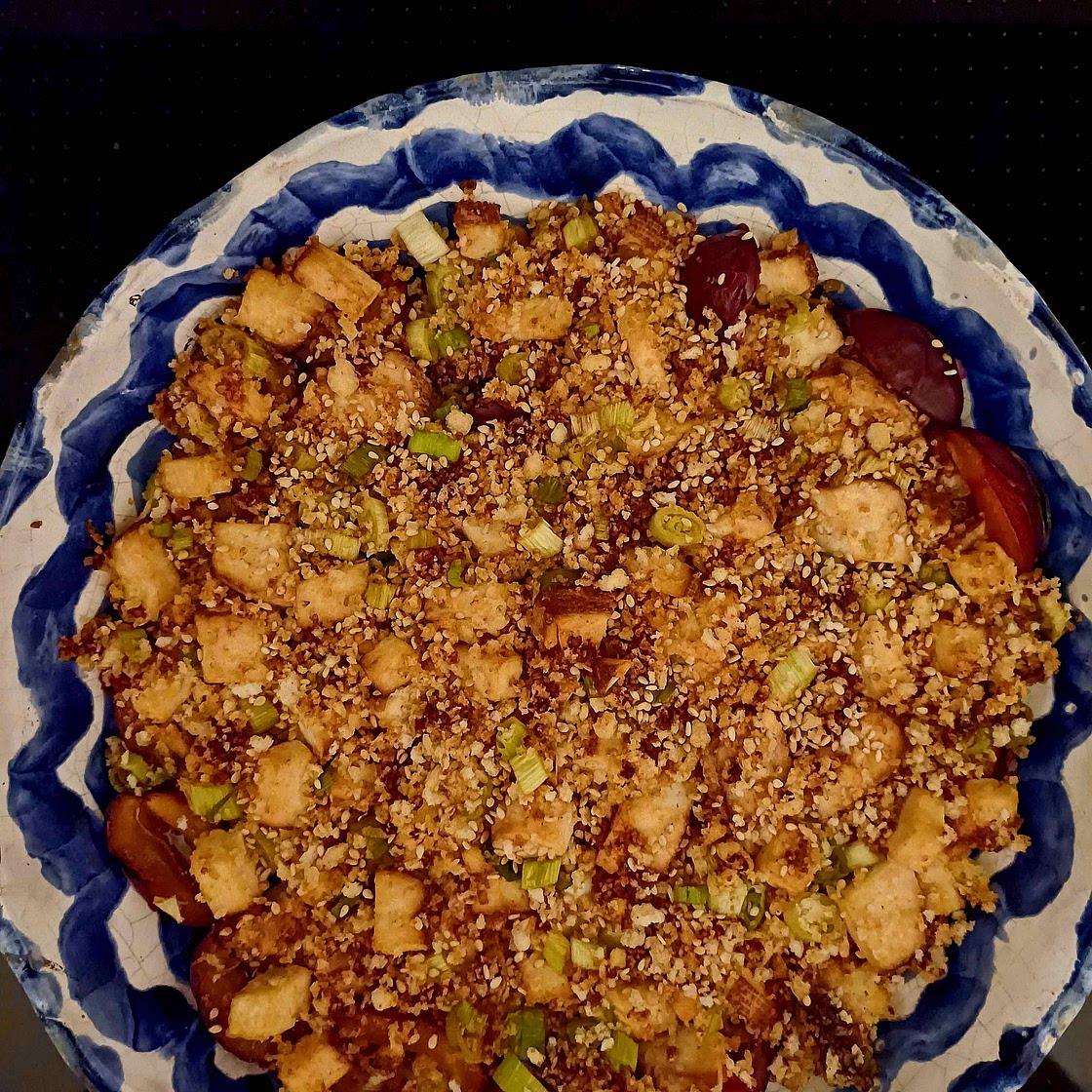 Gratinéed Plums with Smoked Tofu Crumble