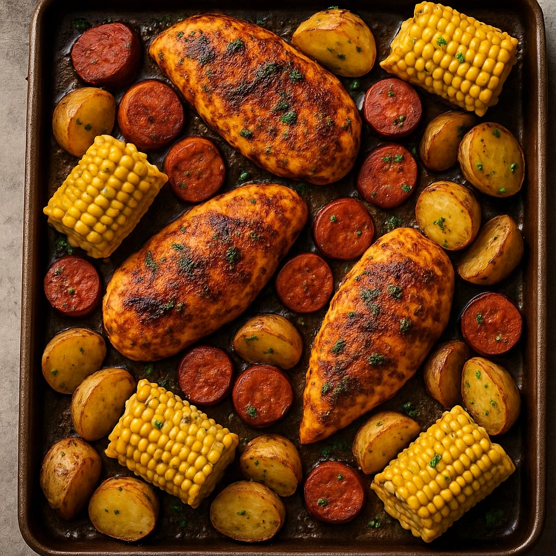 Cajun Sheet Pan Chicken, Andouille, Potatoes & Corn
