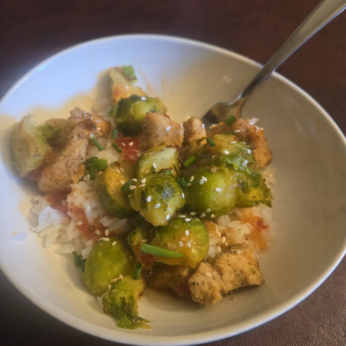 Air Fryer Sweet Chili Chicken and Brussels Sprouts