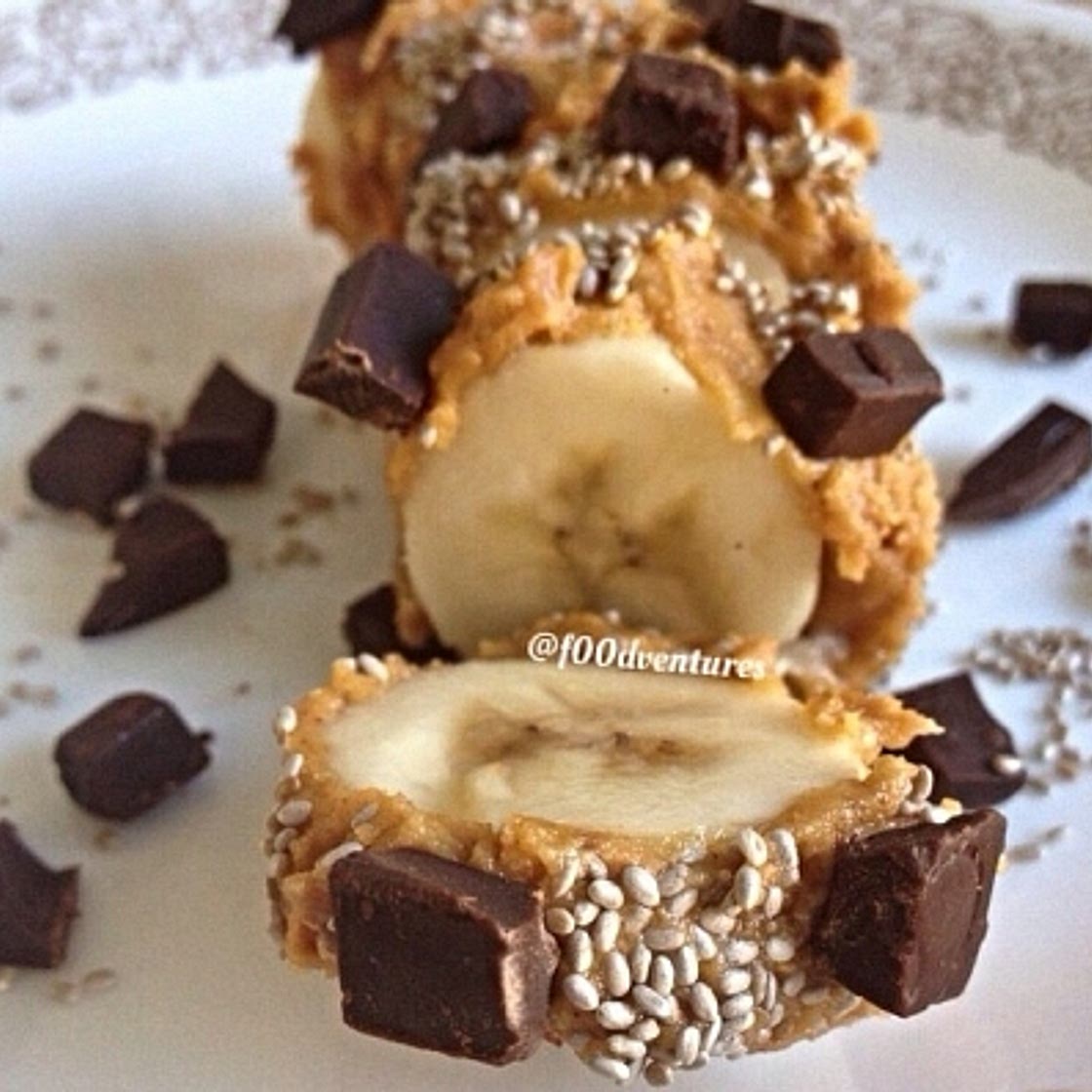 Banana with hemp seeds, chocolate chips and peanut butter