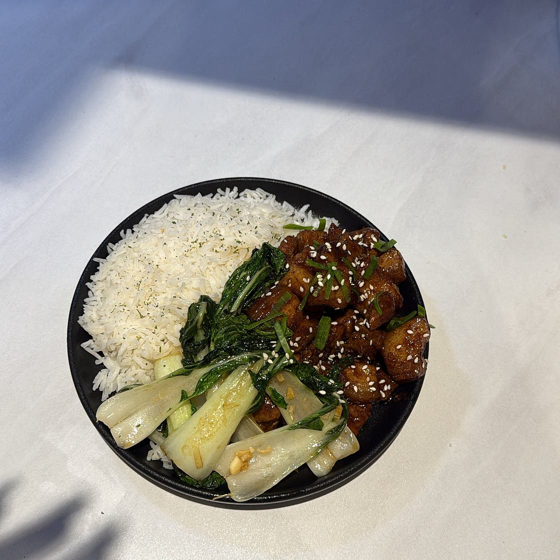 CHINESE STYLE PORK BELLY WITH COCONUT RICE & GARLIC PAK CHOI