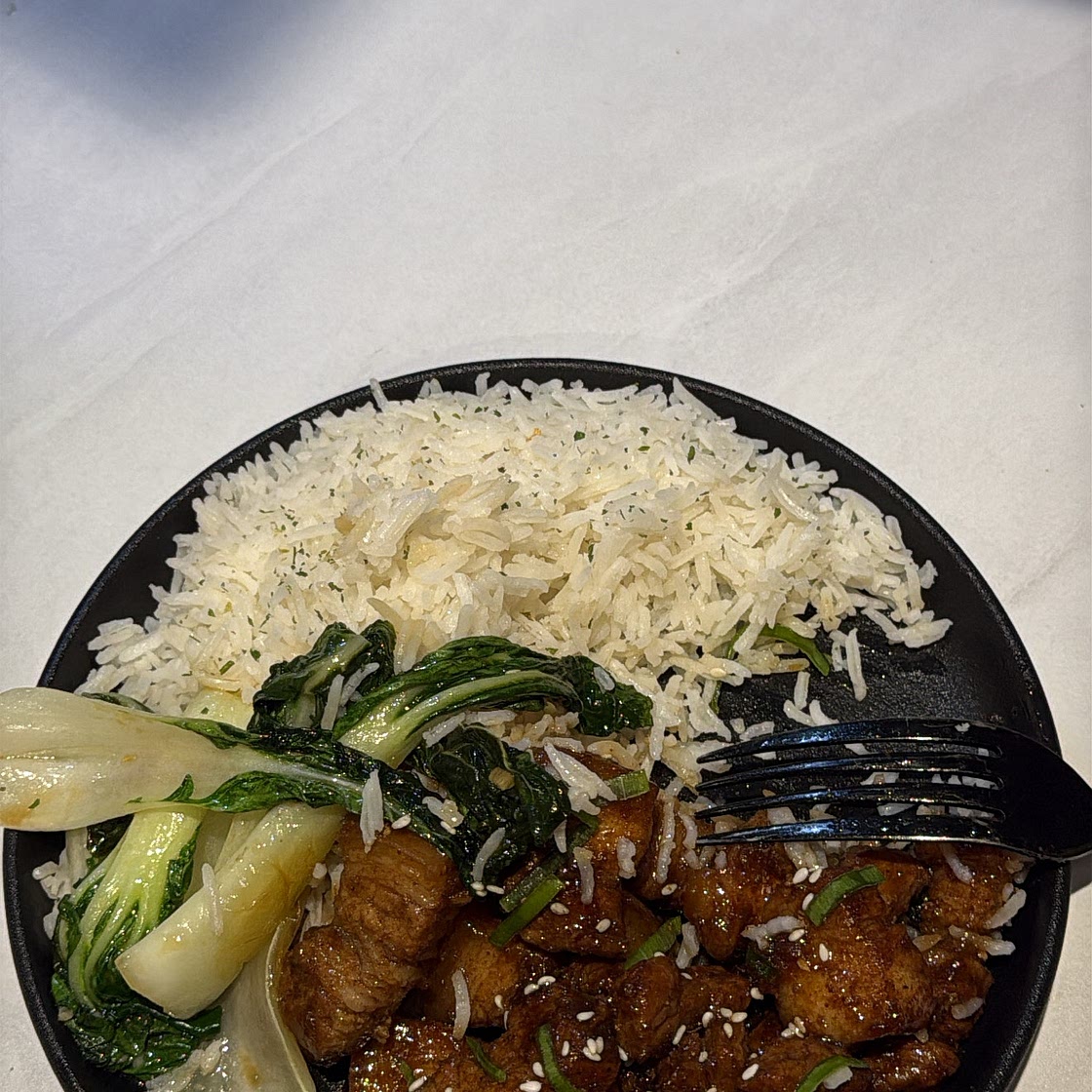 CHINESE STYLE PORK BELLY WITH COCONUT RICE & GARLIC PAK CHOI