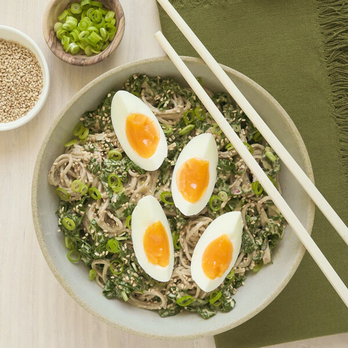 Spicy Sesame Soba Noodles with Kale, Green Onion & Soft-Boiled Eggs