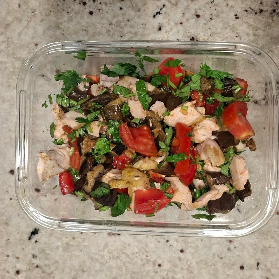 Salad with chiecken breast , eggplant and tomato