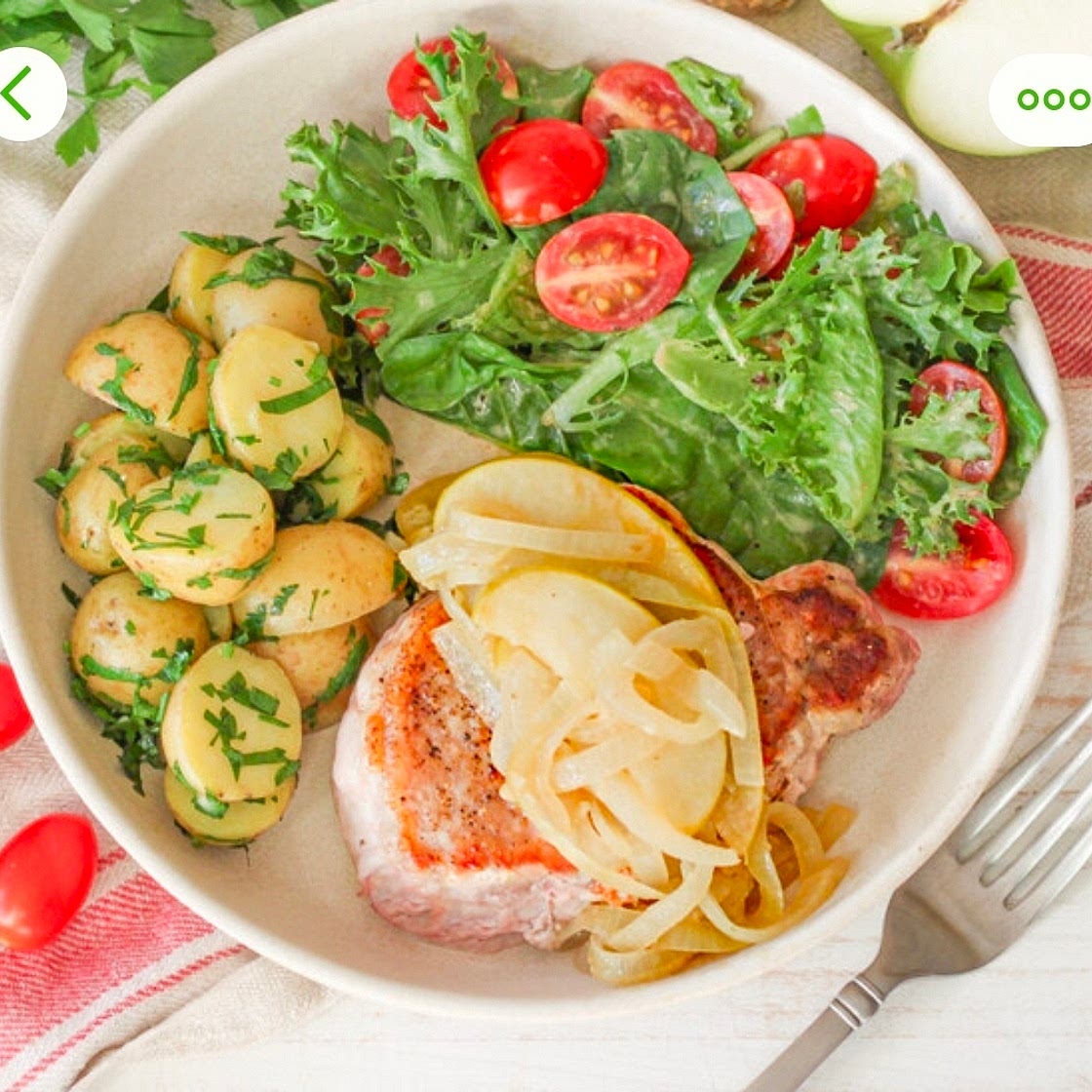 Pork Chop with Honey-Dijon Apples, Parsley Potatoes & Mixed Greens