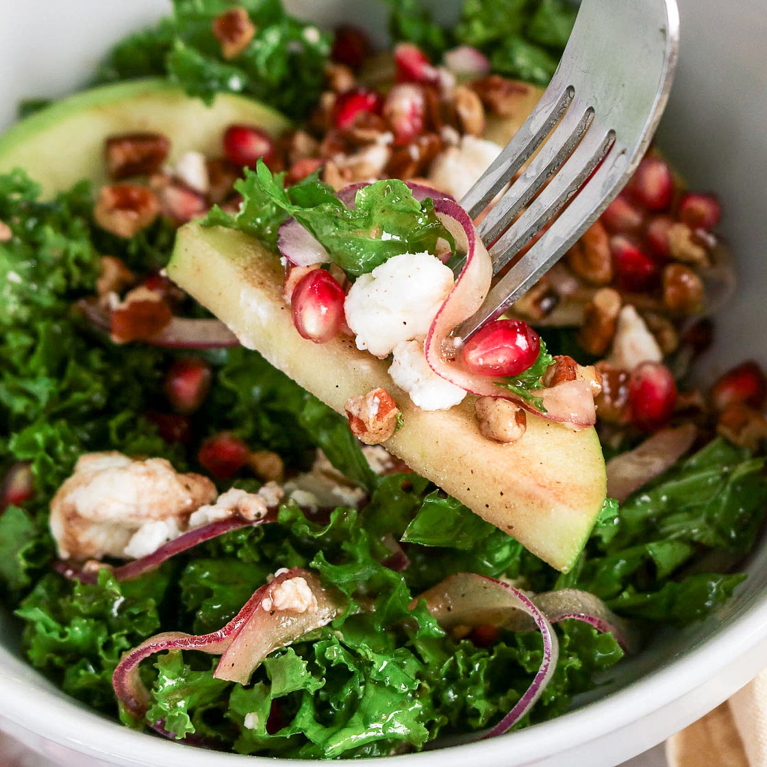 Kale Apple Pecan and Pomegranate Salad with Pomegranate Balsamic Dressing