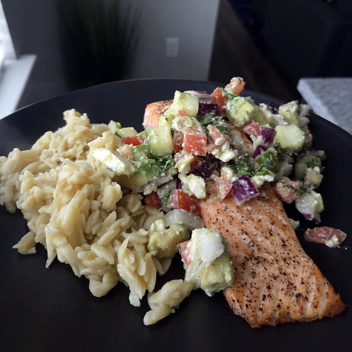 Grilled Salmon with Avocado Greek Salsa and Orzo