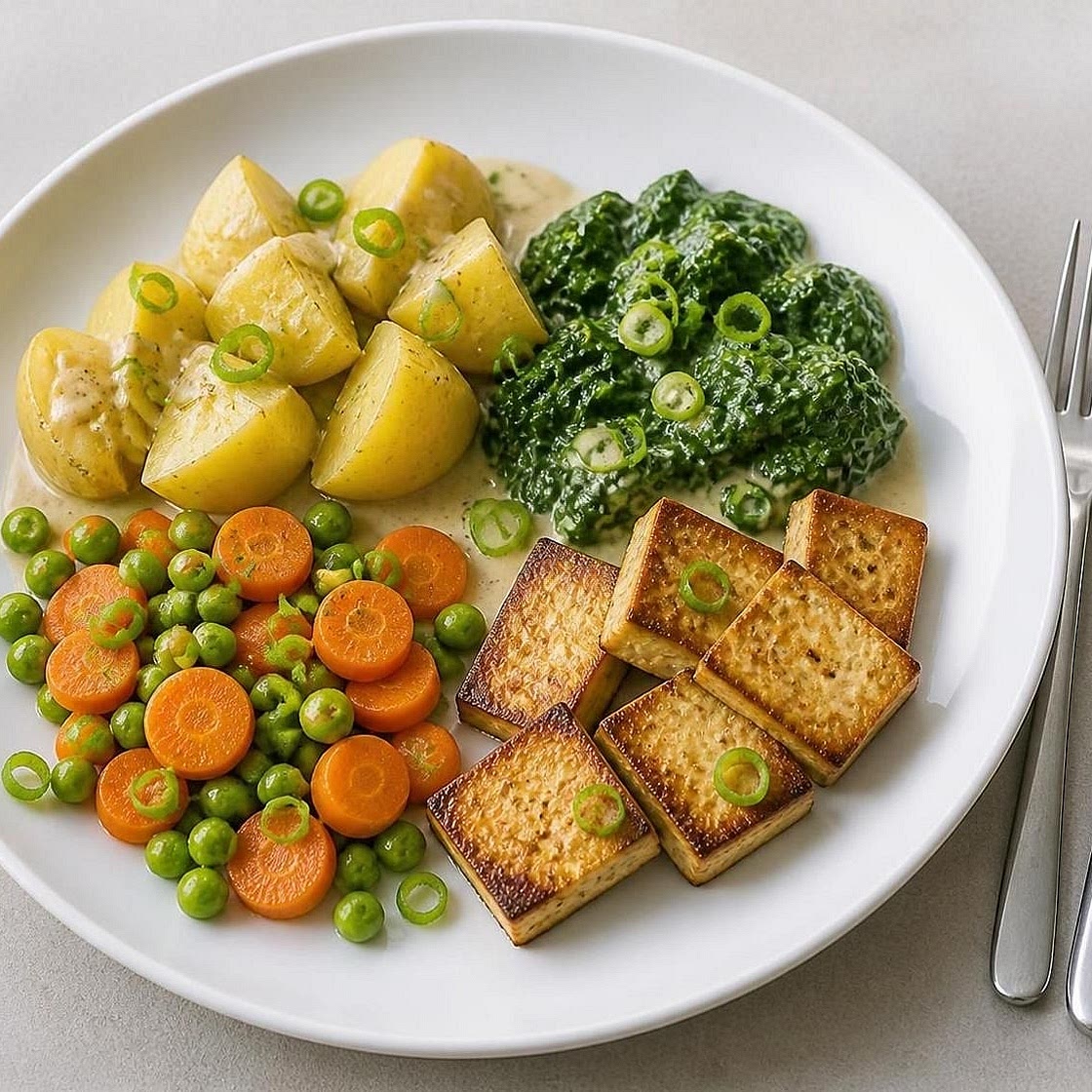 Kartoffeln mit Spinat Tofu und Rahmgemüse