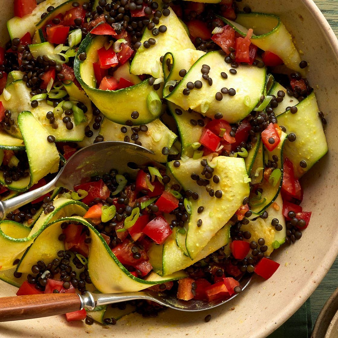 Ribboned Zucchini Salad with Lentils and Creamy Turmeric Dressing